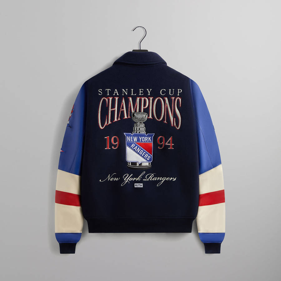 Navy Men Kith for the New York Rangers Wool Leather Varsity Jackets | 1849-UNKHS