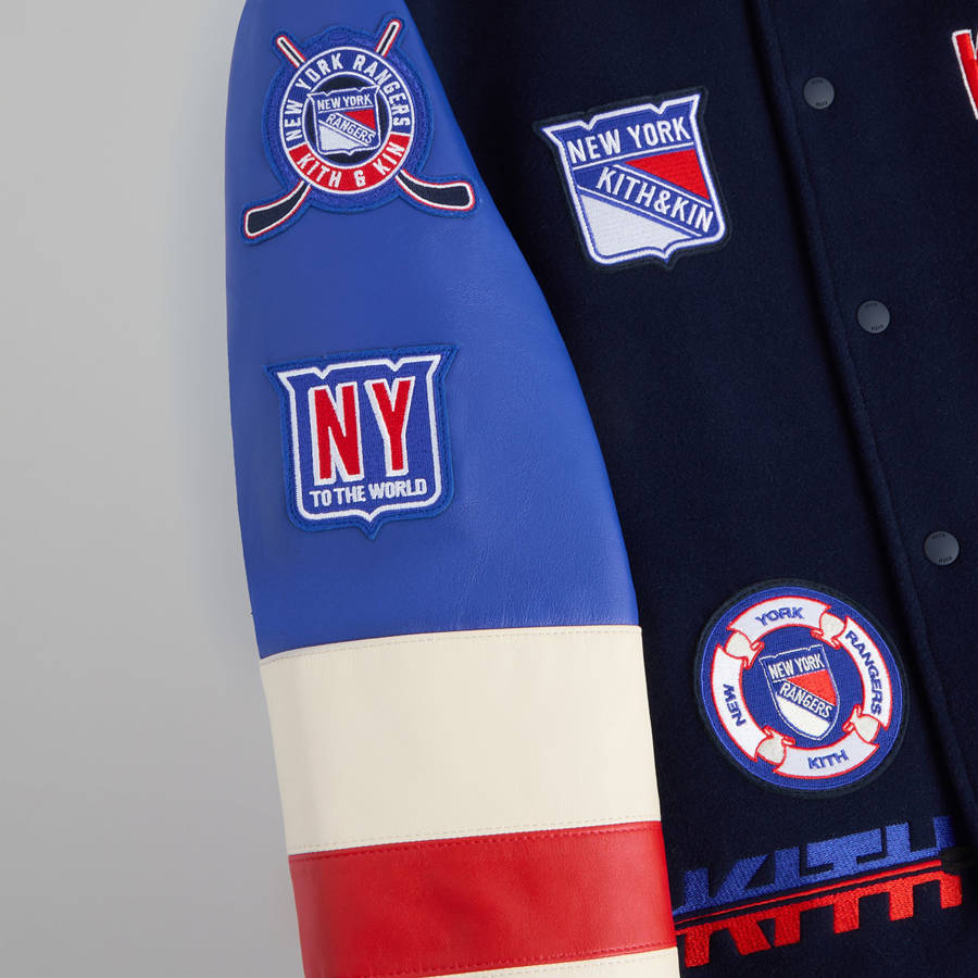 Navy Men Kith for the New York Rangers Wool Leather Varsity Jackets | 1849-UNKHS