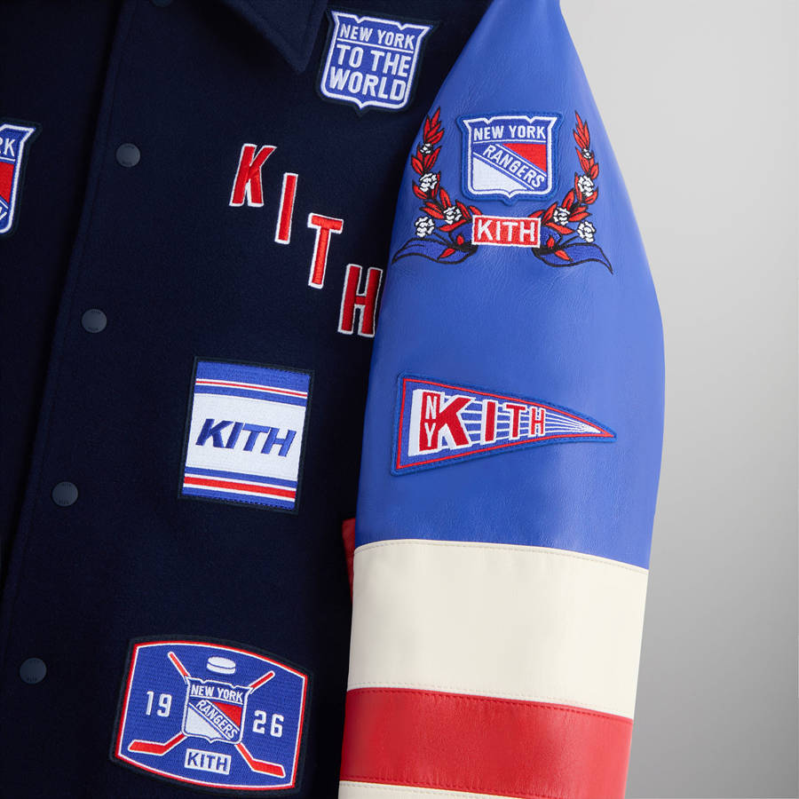 Navy Men Kith for the New York Rangers Wool Leather Varsity Jackets | 1849-UNKHS
