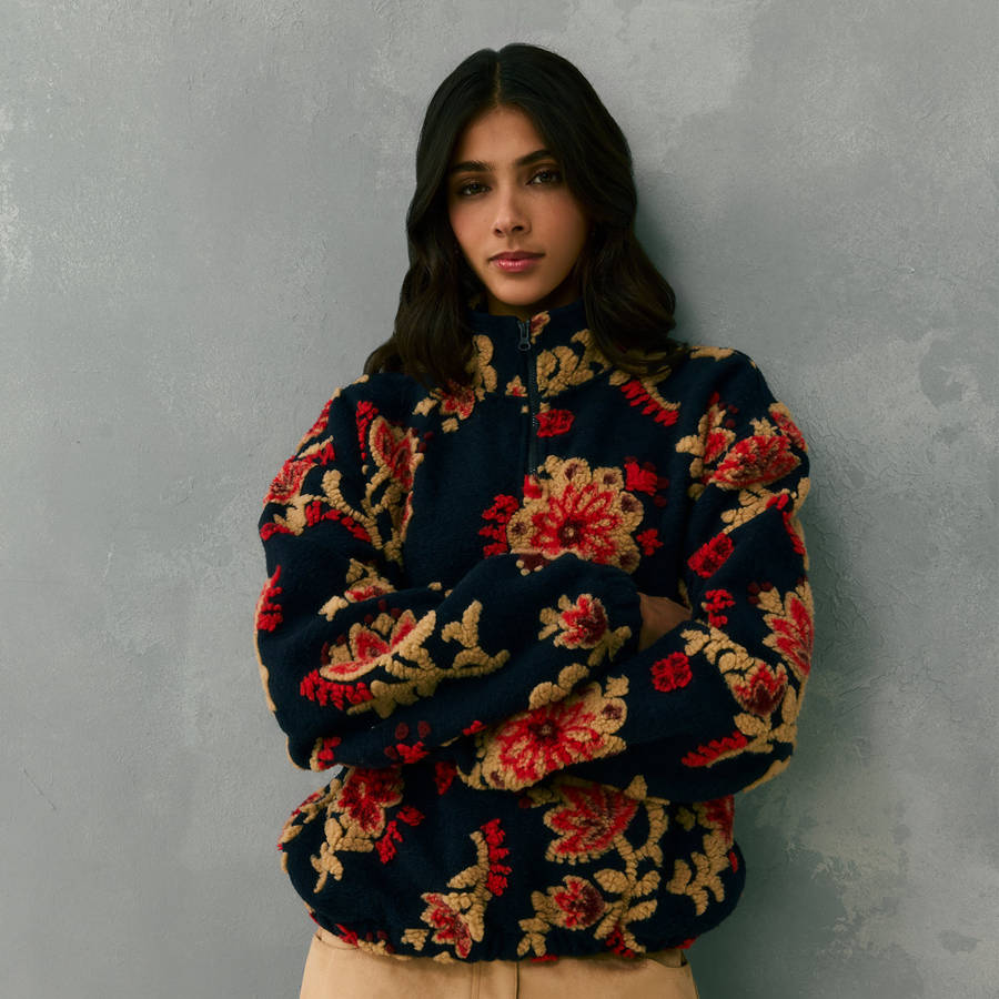 Navy Women Kith Hunter III Paisley Sherpa 1/4 Zip Sweatshirts | 6450-UQFHC
