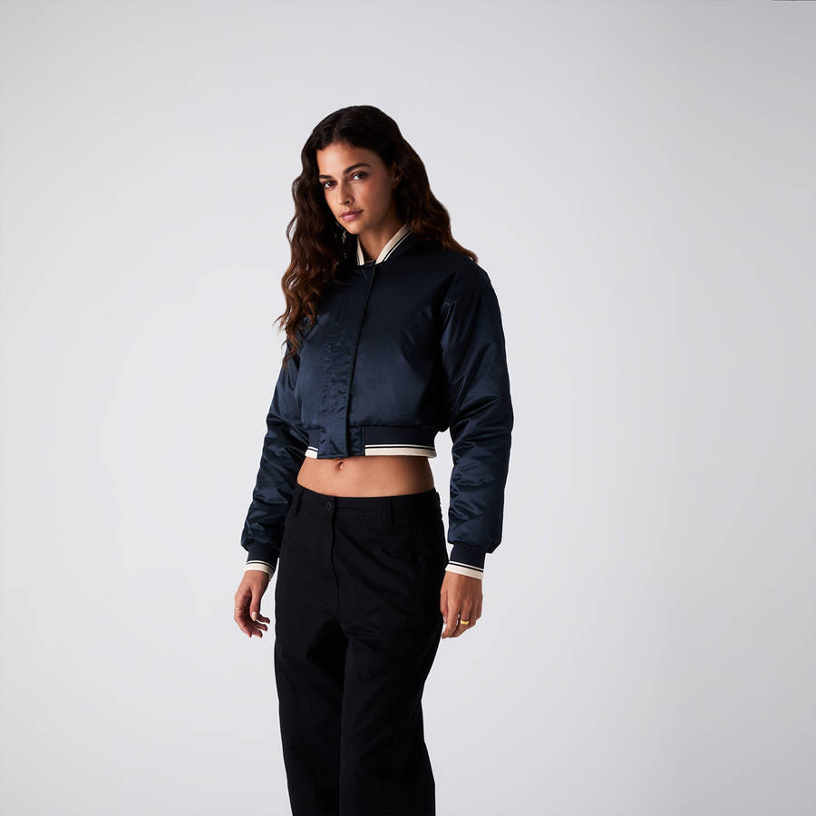 Navy Women Kith Landry Cropped Satin Bomber Jackets | 6093-OTESK