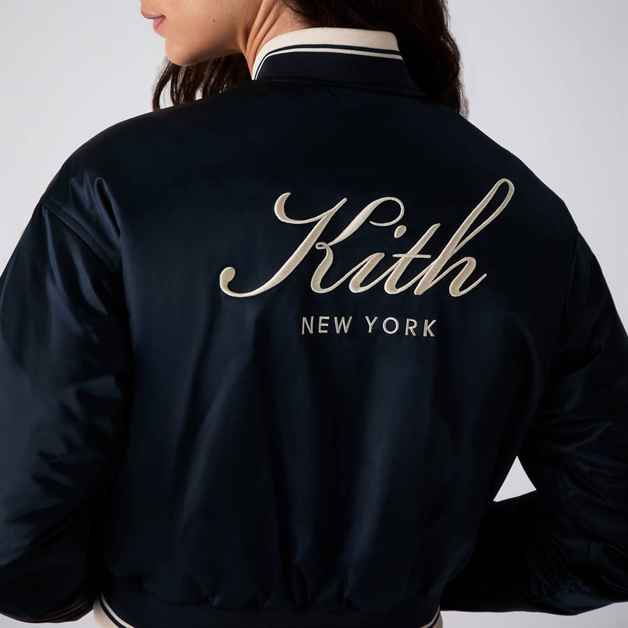Navy Women Kith Landry Cropped Satin Bomber Jackets | 6093-OTESK