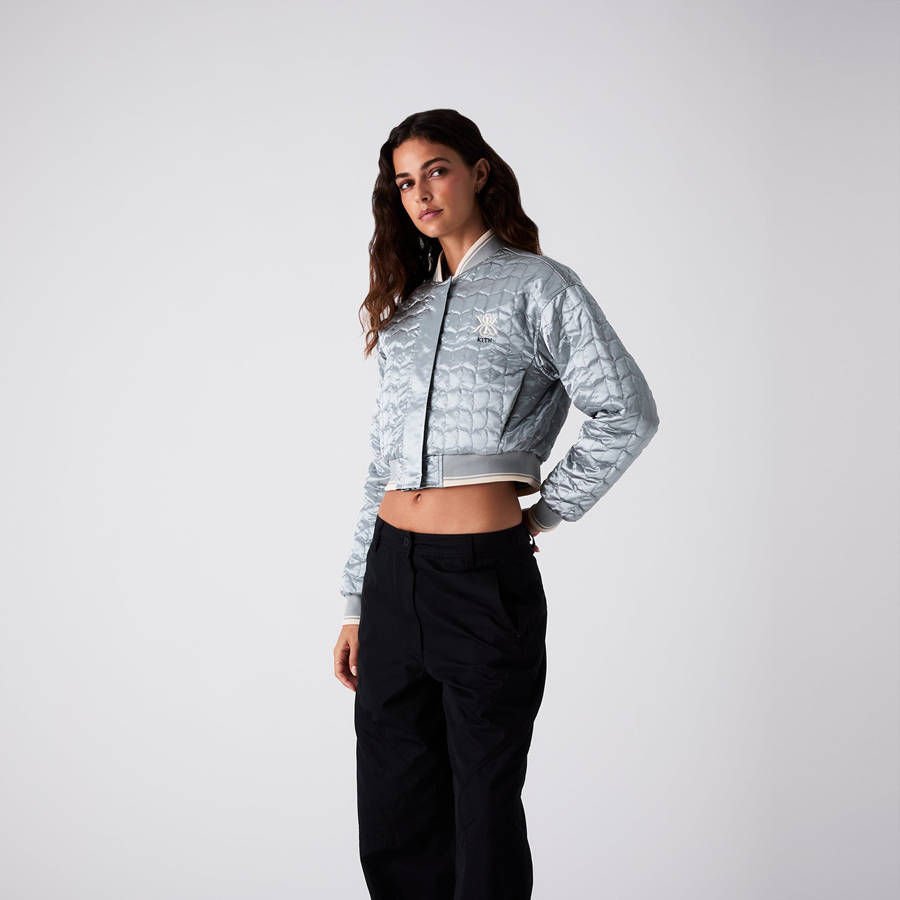 Navy Women Kith Landry Cropped Satin Bomber Jackets | 6093-OTESK