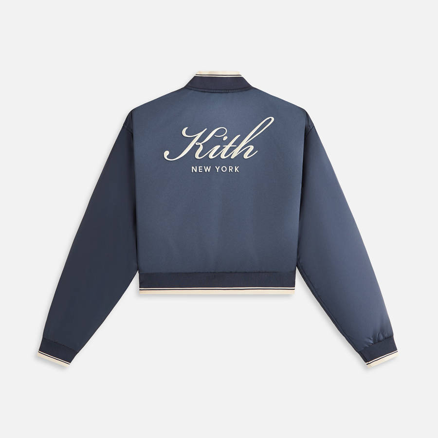 Navy Women Kith Landry Cropped Satin Bomber Jackets | 6093-OTESK