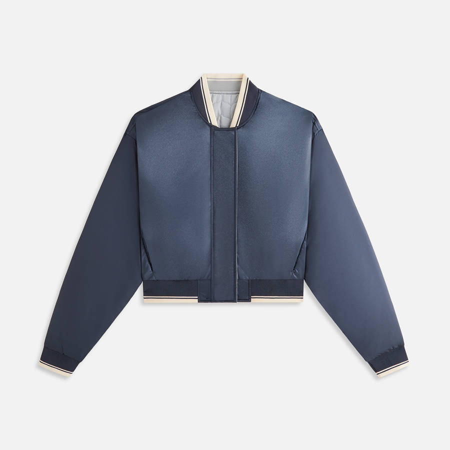 Navy Women Kith Landry Cropped Satin Bomber Jackets | 6093-OTESK
