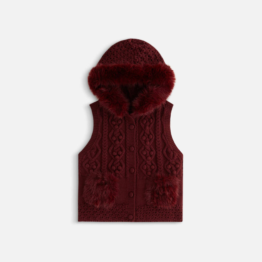 Red Women Kith Hartley Knit Fur Hooded Vest | 0637-IJRXG