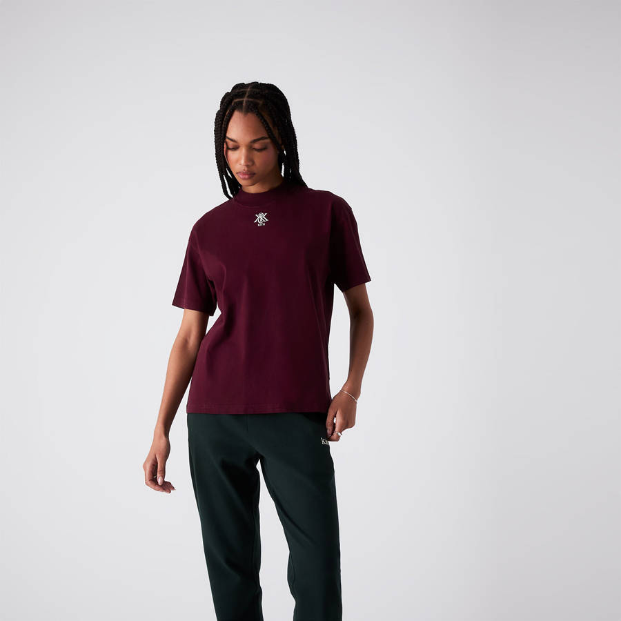Red Women Kith Mock Neck Crest Vintage T-Shirt | 1573-HCVPK