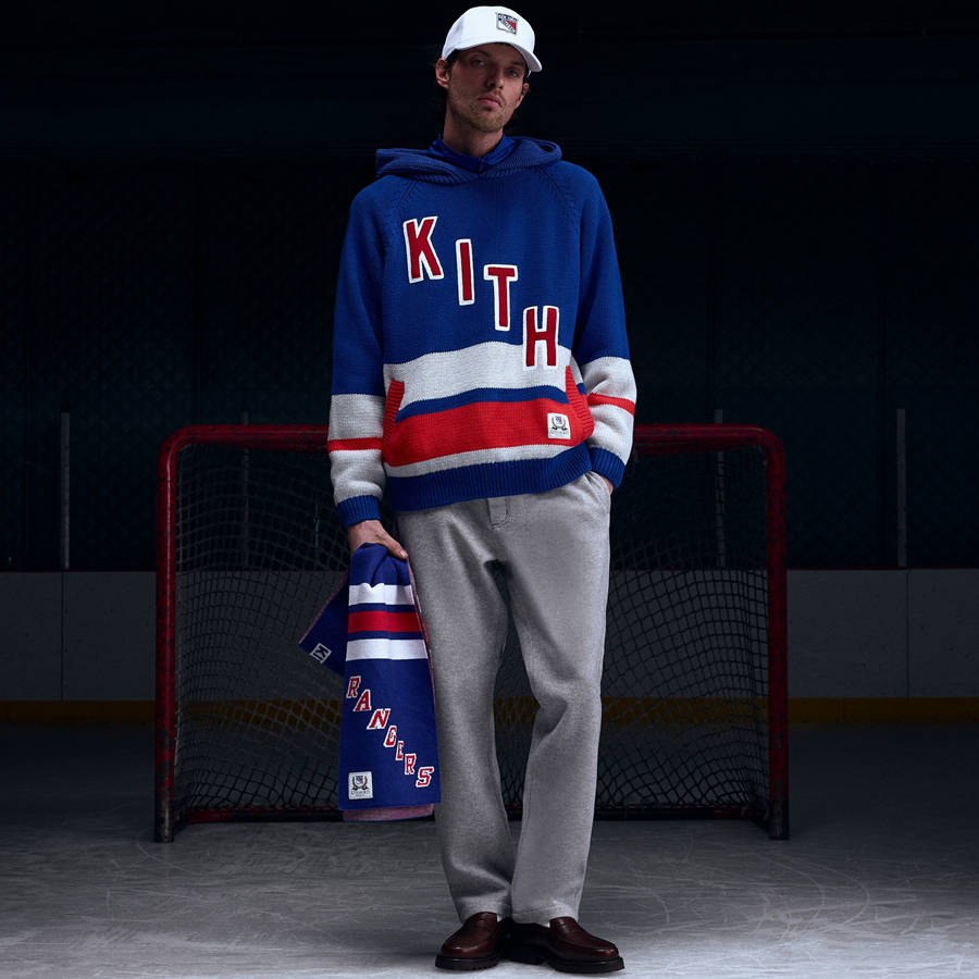 Red / Blue / White Men Kith for the New York Rangers Hooded Delk Sweater Sweatshirts | 5134-UXRAQ