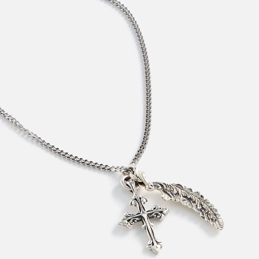 Silver Men Kith Emanuele Bicocchi Avelli Cross + Feather Pendant Necklace Jewelry | 5216-XPIGE