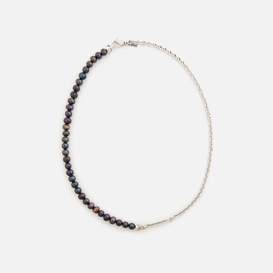 Silver / Black Men Kith Emanuele Bicocchi Half Chain and Black Pearls Necklace (Small) Jewelry | 7432-UYZKW
