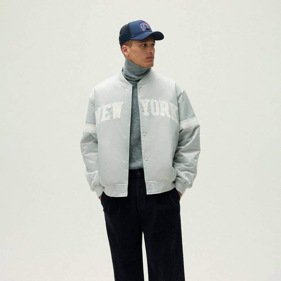 White Men Kith for the New York Knicks Empire Satin Bomber Jackets | 9250-VKGBU