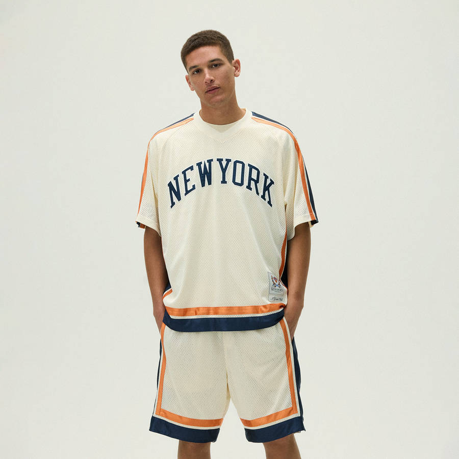White Men Kith for the New York Knicks Mesh Leon Top Shirts | 5719-DMOYV